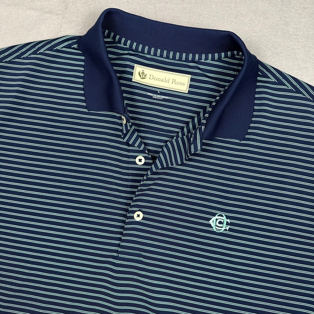 Donald Ross Oakmont CC Mens Navy Blue Striped Golf Polo Shirt Large Logo